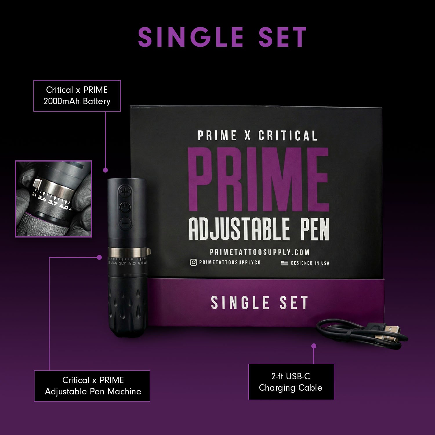 Critical x PRIME Adjustable Pen | 3.1–4.6mm Stroke Tattoo Machine