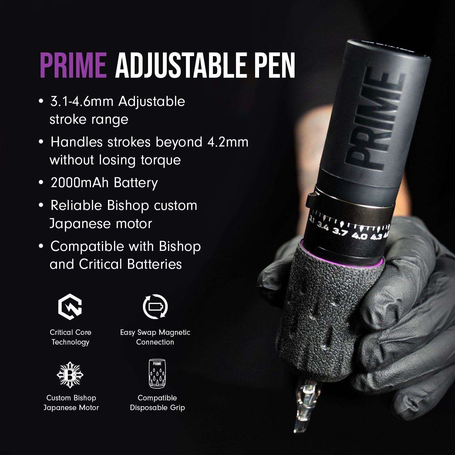 Critical x PRIME Adjustable Pen | 3.1–4.6mm Stroke Tattoo Machine
