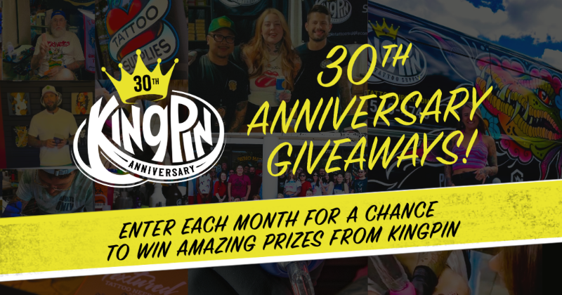 Promotional graphic for Kingpin's 30th anniversary with text and logo overlay.