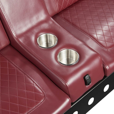 Built-in cup holders on an Ox Blood red waiting bench. Shop the Comfort Before Pain Waiting Room Bench by TATSoul